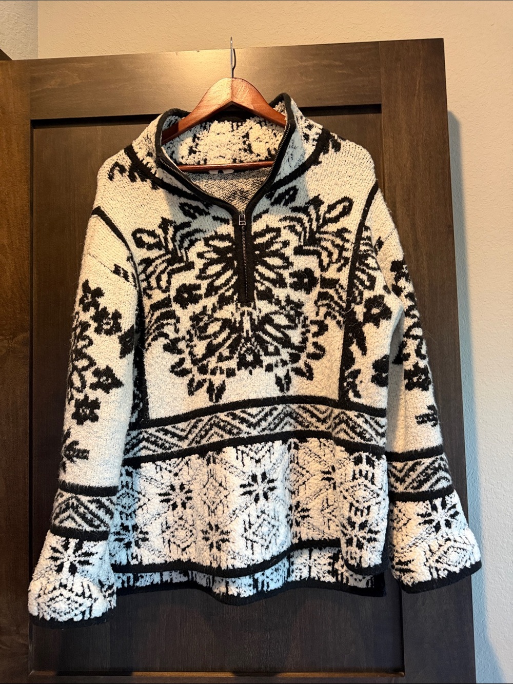 Black & Cream Nordic Half-Zip Turtleneck Sweater